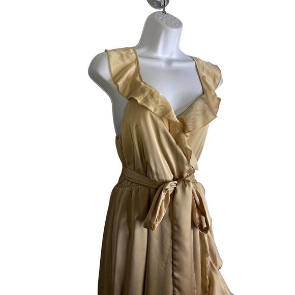 Show Me Your Mumu Womens Samantha Ruffle Wrap Dress Gold Luxe Satin Size Large - Picture 7 of 12